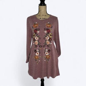 Umgee Floral Embroidered Mini Dress Sz M Heathered Maroon Long Sleeve Boho